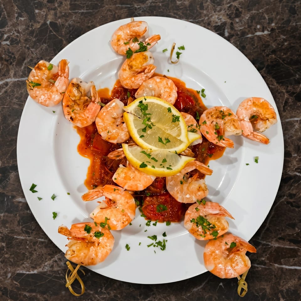 Shrimp skewers with tomato sauce, lemon slices, and parsley on a white plate.