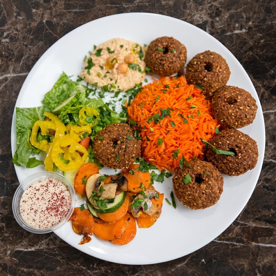 A white plate with falafel, orange rice, hummus, salad, grilled vegetables, and a side of sauce.