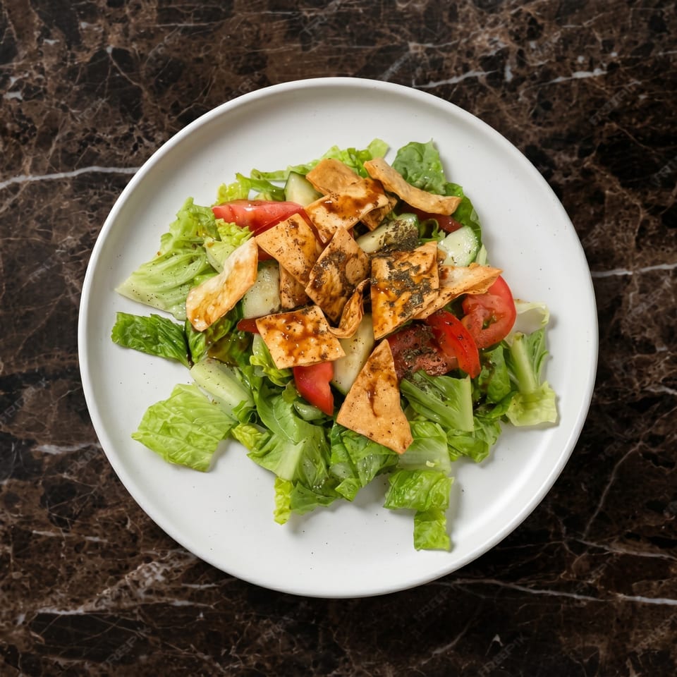 Fattoush salad with crisp lettuce, tomatoes, cucumbers, and toasted pita bread on a white plate.