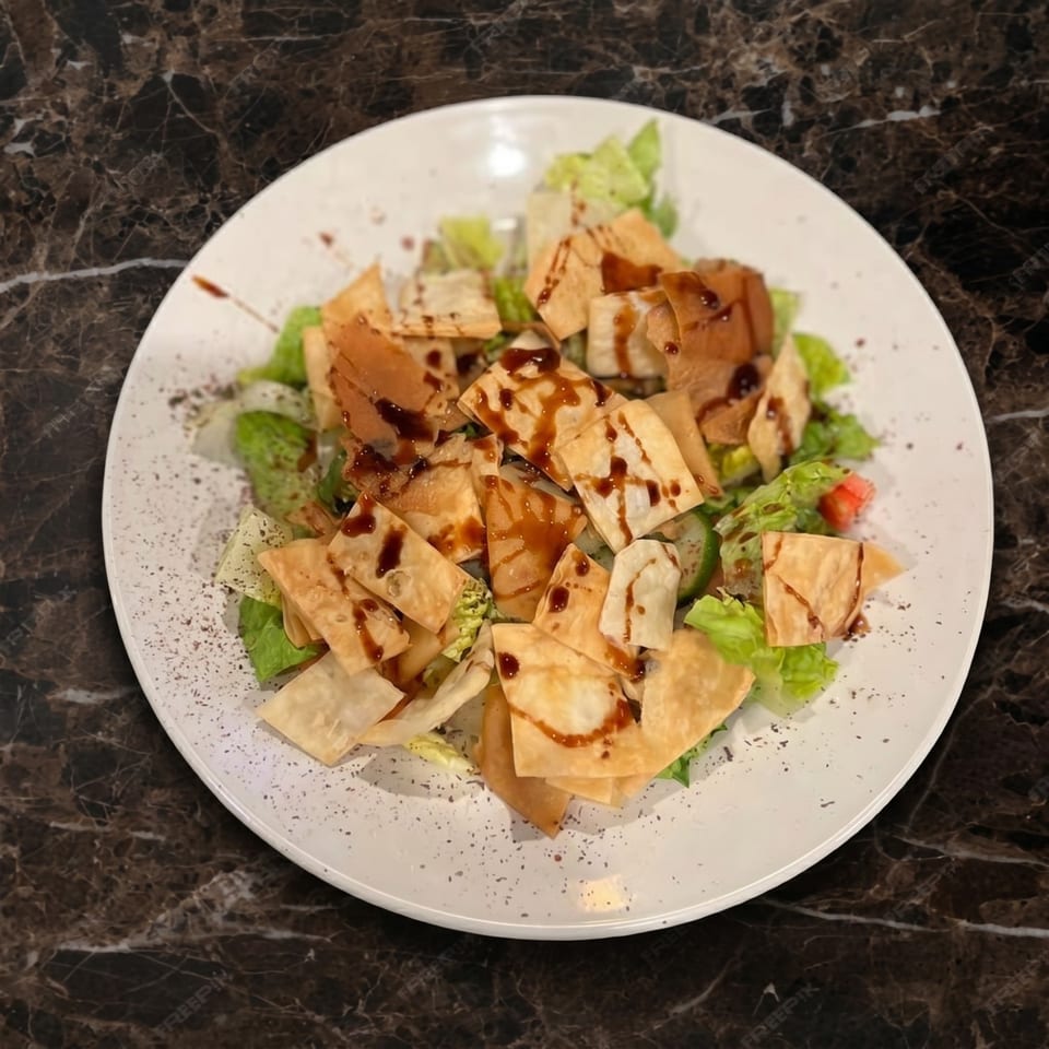 A white plate of fresh green salad with crispy pita bread and balsamic glaze on a marble table.