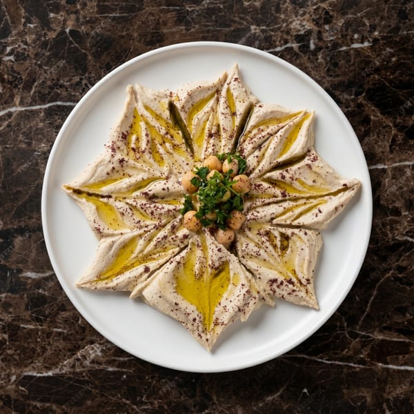 Star-shaped hummus with olive oil, chickpeas, and parsley on a white plate, on a marble surface.