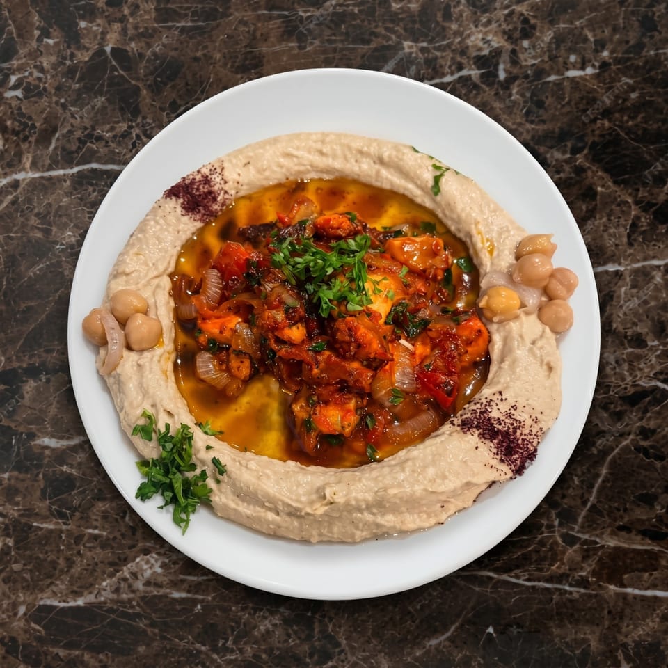 A white plate of hummus topped with a savory red stew, garnished with parsley and chickpeas.