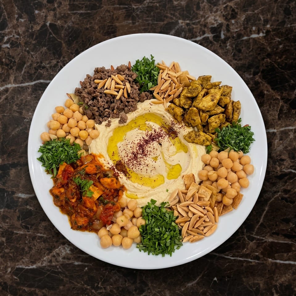 A large white plate of hummus topped with olive oil, surrounded by various toppings.